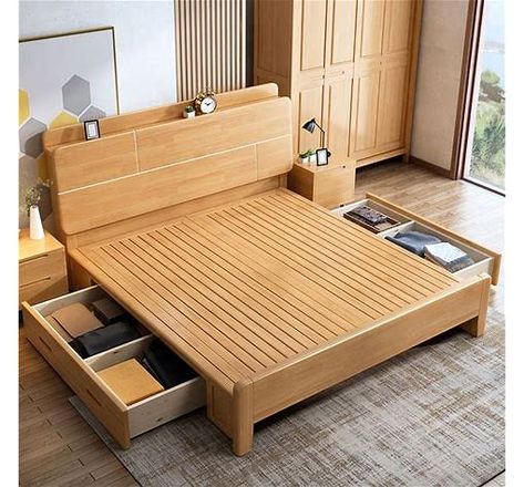 Scandinavian Solid Wood Bed with Headboard 39.37" Tall Standard Bed - Queen Pull-Out Storage Single Bed - Search Shopping Modern Luxury Bedroom Furniture, Scandinavian Bed, Hall Tree Storage Bench, Bed Designs With Storage, Headboard Shapes, Solid Wood Bed Frame, Wood Bed Design, Luxury Bedroom Furniture, Wooden Bed Design