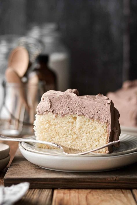 High Altitude Vanilla Cake with Chocolate Whipped Cream - Curly Girl Kitchen High Altitude Cake Recipe, Yellow Cakes, Chocolate Whipped Cream Frosting, Baking Corner, Pudding Poke Cake, Food Reference, High Altitude Baking, Chocolate Whipped Cream, Leftover Cake