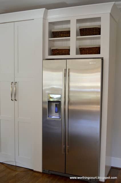 Open Cabinet Above Refrigerator, Cabinets Above Refrigerator, Above Fridge Storage, Above Refrigerator, Mountain House Kitchen, Above Fridge, Southern Farmhouse, Refrigerator Cabinet, Kitchen Cabinets And Countertops