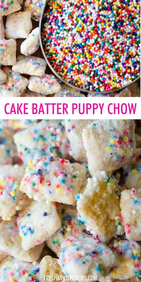 Call it funfetti puppy chow, call it birthday cake puppy chow-- this is the crunchy, cake-battery take on the classic Puppy Chow you want for your next celebration! | cake batter puppy chow funfetti | cake batter puppy chow recipe | puppy chow with cake batter | puppy chow chex mix recipe cake batter | funfetti puppy chow cake batter | funfetti puppy chow recipe | easy funfetti puppy chow | funfetti cake puppy chow Apple Pie Puppy Chow, Birthday Cake Chex Mix Recipes, S’mores Puppy Chow Recipes, Reese’s Puppy Chow, Birthday Puppy Chow, Gluten Free Puppy Chow Recipes, Maple Puppy Chow, Pumpkin Puppy Chow, Birthday Cake Puppy Chow