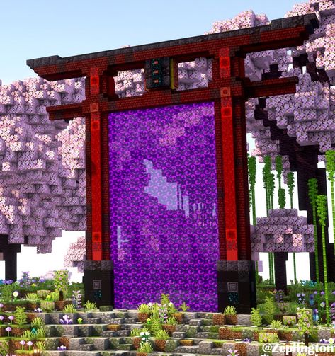 Gate Design Minecraft, Minecraft Portal Design, Nether Portal Design, Minecraft Portal, Temple Ideas, Tori Gate, Nether Portal, Minecraft Japanese, Portal Design