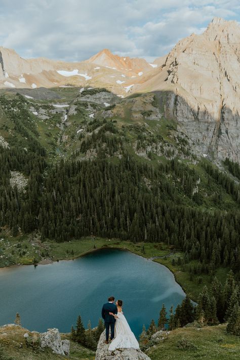 Hiking elopement near Ridgway, Colorado at sunrise. Perfect weather, perfect mountain views. @mountainesqueweddings   #hikingelopement #colorado #coloradoelopement #adventurewedding #hike #elope #sanjuanmountainscolorado #coloradoelopementphotographer Colorado Hiking, Blue Lake, Colorado Elopement, Cute Wedding Ideas, Elopement Locations, Elopement Photography, The Mountain, Elopement, Colorado