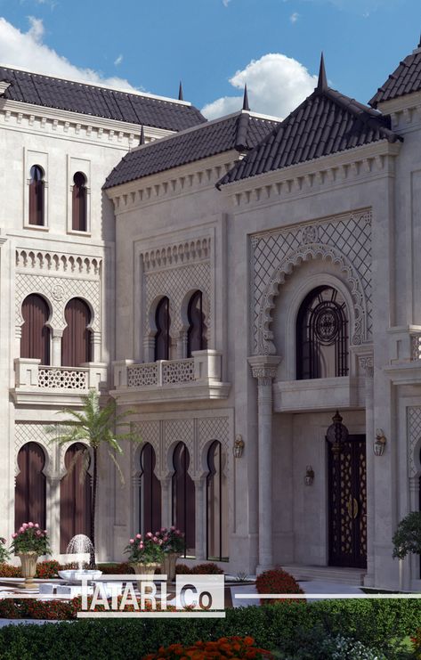 Moroccan Exterior Design, Moroccan House Design, Moroccan House Exterior, Andalusian Houses, Islamic Architecture House, Arabic Villa, Moroccan Villa, Andalusian Architecture, Classical Facade