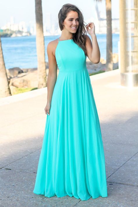 Aqua Maxi Dress with Criss Cross Back Aqua Blue Dress Outfit, Cyan Dress, Aqua Color Dress, Aqua Prom Dress, Aqua Maxi Dress, Aqua Blue Dress, Blue Dress Outfits, Pool Dress, Saved By The Dress