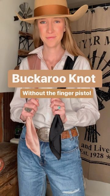 Ways To Wear A Wild Rag, Buckaroo Knot Wild Rag, How To Style A Wild Rag, Western Neck Scarf Outfit, How To Tie A Western Scarf, How To Style Wild Rags, Wild Rag Knots, How To Wear A Wild Rag, Western Wild Rag Outfit