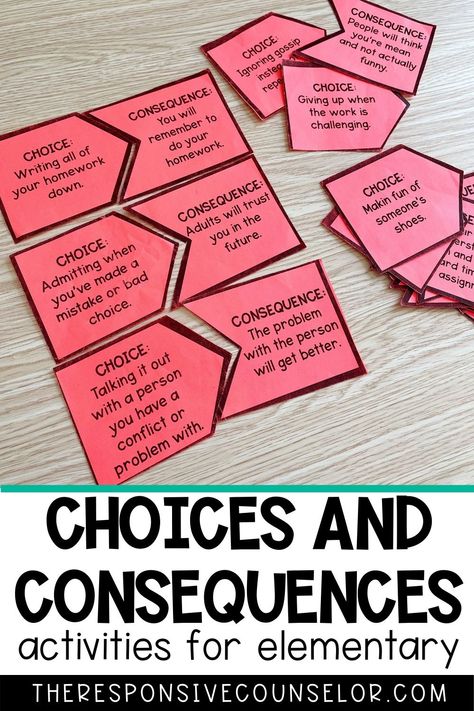 Support your middle and upper elementary students with learning responsibility through my Choices and Consequences resource! My resource focuses on teaching responsibility through understanding that choices have consequences. Your students will learn through lessons and activities that they can be good or bad consequences, depending on the choices they make. Behavior Group Activities Elementary, Personal Responsibility Activities, Responsibility Activities For Elementary, Responsibility Lessons Elementary, Choices And Consequences Activities, Making Good Choices Activities, Responsibility Activities For Kids, Logical Consequences In The Classroom, Responsibility Activities