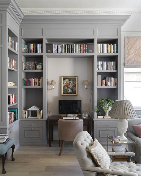 Home Office Decorating Ideas For Women Book Shelves, Grey Built In Bookshelves, Bookcases Built In, Office Desk With Bookshelves, White Built In Office, Desk Built Into Alcove, Corner Bookshelves With Desk, Fitted Bookcase Wall, Built In Bookshelves With Desk Office