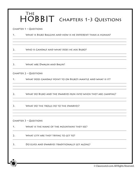 Hobbit Worksheets Chapter 1-3 Questions - Woo! Jr. Kids Activities Teaching The Hobbit, Teacher Worksheets Lesson Plans, Eclectic Homeschooling, Homeschool Worksheets Free, Lotr Party, Hobbit Food, Hobbit Book, Lap Books, Homeschool Worksheets