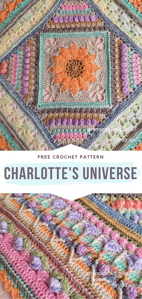 Charlotte Crochet Blanket, Charlotte Universe Crochet, Charlotte's Universe Crochet, Mandala Throw Crochet Free Pattern, Crochet Mandala Free Pattern Blanket, Crochet Cal Blanket Patterns Free, Mandela Crochet Blanket Free Pattern, Crochet Spring Blanket, Crochet Blankets Patterns