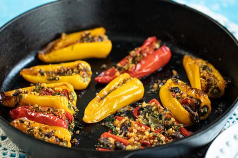 Mini Peppers Stuffed with Olives & Herbs (Vegan) Mini Peppers Stuffed, Sweet Peppers Recipe, Dimitras Dishes, Sweet Pepper Recipes, Vegan Stuffed Peppers, Mini Peppers, Italian Beef Sandwiches, Mini Sweet Peppers, Stuffed Mini Peppers