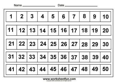 Numbers 1-50 Worksheets 50 Chart Free Printable, Kids Learning Numbers, Number Recognition Worksheets, Counting Worksheets For Kindergarten, Number Worksheets Kindergarten, Number Grid, Free Printable Numbers, Number Chart, Worksheets Kindergarten