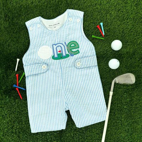 Birdies and eagles are fun but celebrating his birthday will be a hole-in-one! An applique "one" on a blue seersucker Jon Jon is sure to be the perfect outfit for his first birthday! #firstbirthday #golfparty #newcollection #sevenlanternlane First Birthday Golf, Blue First Birthday, Birthday Golf, Jon Jon, Golf Birthday, Baby Boy Birthday, Hole In One, Baby First Birthday, Boy Mom