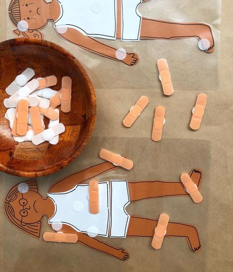 NICCOLA DRAKE on Instagram: “Labelling and identifying body parts, talking about feelings and putting on LOTS of bandaids.... Because we all know that 3 year olds love…” Preschool Body Parts Activities, Body Parts Theme, Reggio Activities, Talking About Feelings, Safety Lesson Plans, Baby Room Activities, Community Helpers Week, Preschool Playdough, Human Body Crafts