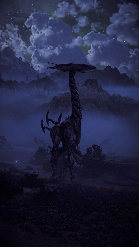 A portrait screenshot of a tallneck, a huge giraffe-like machine from Horizon Forbidden West, walking through a valley at nighttime. Foggy mountains and clouds can be seen in the distance. Forbidden West Horizon, Horizon Forbidden West Wallpaper Iphone, Aloy Wallpaper Iphone, Tallneck Horizon Zero Dawn, Horizon Forbidden West Landscape, Horizon Forbidden West Aesthetic, Horizon Zero Dawn Landscape, Horizon Forbidden West Machines, Horizon Zero Dawn Aesthetic