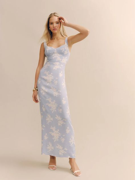 Destination Wedding Guest Dress, Pastel Blue Dress, Light Blue Floral Dress, Reformation Dress, Wedding Guest Dresses, Strappy Sandals Heels, Reformation Dresses, Floral Blue Dress, Floral Maxi