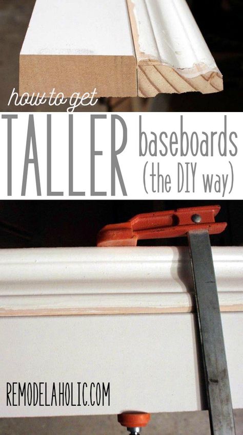 Easy way to DIY taller baseboards, using your existing trim - as little as 20 cents per foot @Remodelaholic Taller Baseboards, Tall Baseboards, Farmhouse Side Table, Picture Frame Decor, Cute Dorm Rooms, Design Rules, Upstairs Bathrooms, Home Inspo, Your Character