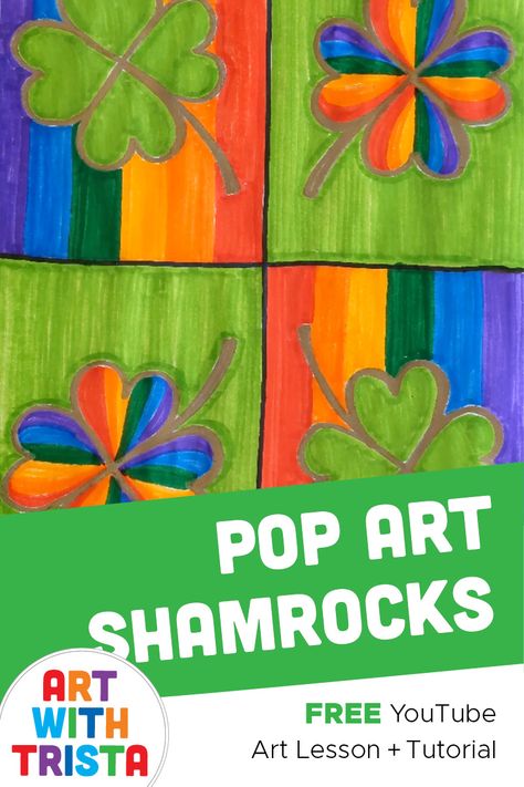 How to draw shamrocks in pop art style, drawn with colored markers and inspired by Andy Warhol. Saint Patricks Day Art Project! Saint Patrick's Day Art For Kids, St Patrick's Art For Kids, Art Project For 3rd Grade, St Patrick Art Projects, St Patrick’s Day Elementary Art, St Patricks Day Art Lessons Elementary, St Patricks Day Art Projects 5th Grade, St Patricks Day Crafts For Elementary, March Art Projects For Kids Elementary