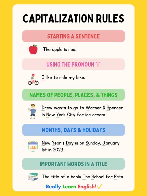 Capitalization rules are the guidelines that help us determine how to properly compose a sentence. Here's an easy guide so you can keep your writing consistent and readable: 📝 https://www.really-learn-english.com/capitalization-rules.html Sentence Rules, Capitalization Anchor Chart, Preschool Report Card Comments, Capitalization Rules, Grammar Notes, N Names, English Grammar Notes, English Knowledge, Rules Poster