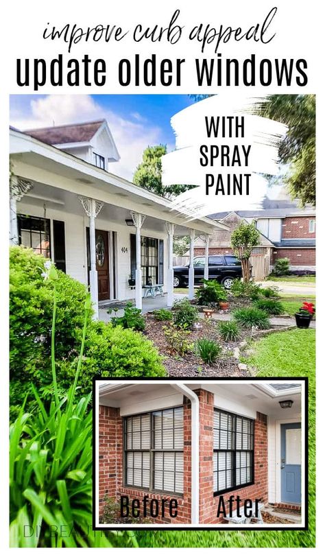 Save hundreds of dollars by updating your older home's exterior metal windows the DIY way. Black paint makes the decades old windows look new! #diy #curbappeal Diy Exterior Window Trim, Black Exterior Windows, Outdoor Window Trim, Old House Exterior, Painted Window Frames, Matte Black Spray Paint, Metal Window Frames, Exterior Windows, Diy Exterior