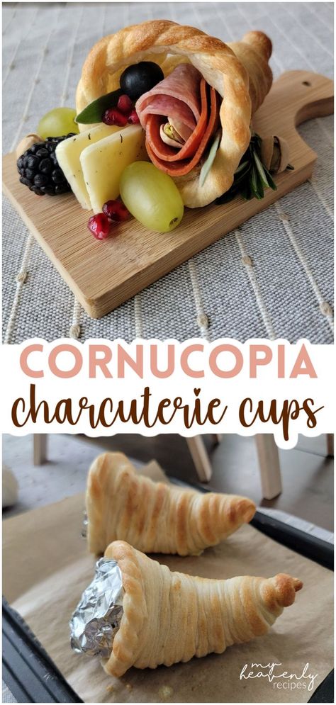 Cornucopia Charcuterie Cups- thanksgiving appetizer individual cups. Thanksgiving appetizer. Bread dough premade or homemade. Little charcuterie board.