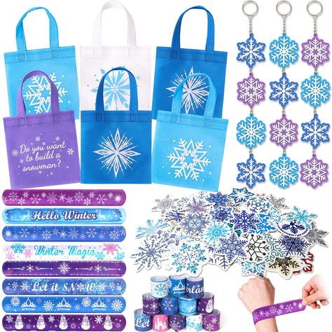 PRICES MAY VARY. Frozen Party Favors - We carefully prepared 1 set of frozen party favors. It comes with 12 non woven tote bags (4 styles), 12 frozen-themed slap bracelets, 12 snowflake keychains (3 styles & 3 colors), and 50 snowflake stickers. A total of 86pcs, it can help you entertain 12 children. Here's a cute and fun set of frozen themed party favors that will bring a lot of joy to the kids. Ideal winter party favors for kids, snowflake party favors, winter wonderland party favors. Go Froz Frozen Theme 3rd Birthday Party, Frozen 4th Birthday Party, Elsa Frozen Birthday, Elsa Frozen Party, Frozen Birthday Party Favors, Frozen Theme Birthday, Winter Party Favor, Frozen 3rd Birthday, Frozen Party Supplies