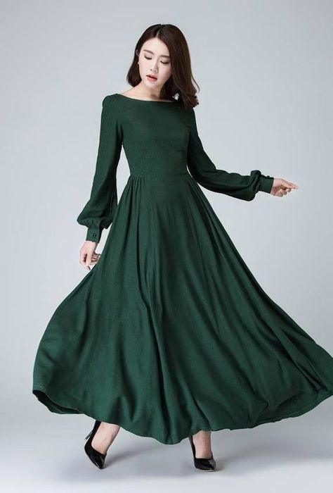 Green Dress Long, Bishop Sleeve Dress, Dress For, Dark Green Dress, 파티 드레스, Long Linen Dress, Estilo Hippie, Dresses Cheap, Long Sleeve Dresses