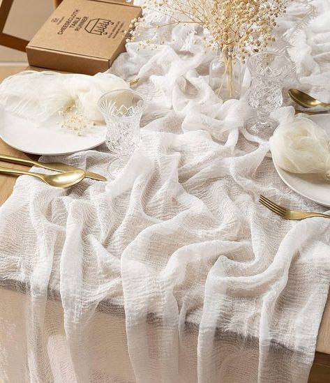 Amazon.com: Vitalizart Cheesecloth Table Runner 10 Ft Gauze Boho Fabric Rustic Dusty Rose Pink Cheese Cloth Table Runner for Wedding Bridal Shower Birthday Fall Thanskgiving Decoration 120 Inches : Home & Kitchen White Gauze Table Runner, White Cheese Cloth Table Runner, All White Bridal Shower Theme, Bridal Shower Mood Board, Pearl Themed Bridal Shower Decor, Bridal Shower Ideas Themed Elegant, All White Bridal Shower Ideas, Main Wedding Table Decor, Simple Bridal Shower Decor