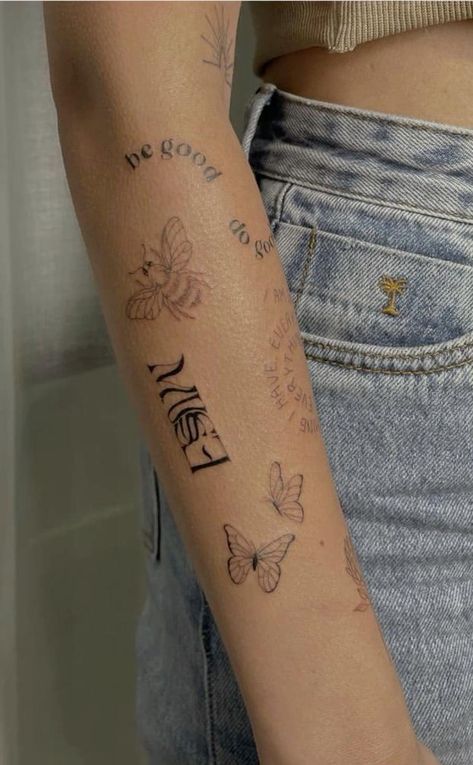 Angel Numbers Butterfly Tattoo, Harry Styles Only Angel Tattoo, Tpwk Tattoo Ideas Harry Styles Handwriting, Hailey Bieber Lover Tattoo, Butterfly With Angel Number Tattoo, Side Forearm Tattoos For Women, Realistic Butterfly Tattoo, Heartbeat Tattoo, See Tattoo