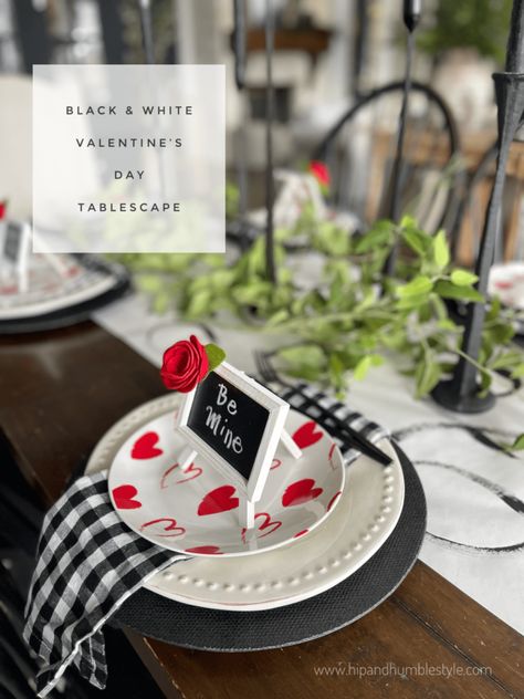 How To Create A Black And White Valentine's Day Tablescape * Hip & Humble Style Black Candlesticks, White Wrapping Paper, Rustic Outdoor Wedding, Open Concept Home, Felt Roses, Painted Stairs, Everyday Dishes, White Dinner Plates, Diy Barn Door