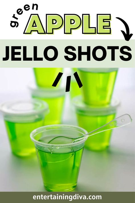 These green apple martini jello shots are tart and fruity. They're made with Vodka, Apple Pucker (or Schnapps), Jolly Rancher Green Gelatin, and apple juice for the perfect balance of sweet and sour. But be careful, they disappear quickly at parties! #fromhousetohome #jelloshots #recipe #applejuice #appleschnapps #jollyranchergreenapplegelatin Green Apple Vodka Jello Shots, Apple Vodka Jello Shots, Sonic Green Apple Jello Shots, Apple Pucker Jello Shots, Green Apple Jello Shots, Green Jello Shots, Apple Jello Shots, Holiday Jello Shots, Jolly Rancher Jello