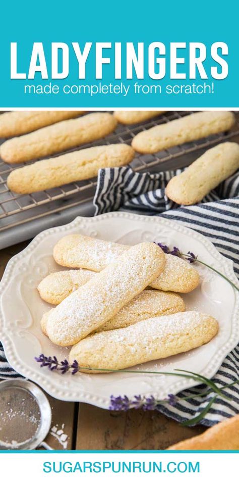 This recipe for ladyfingers (also known as Savoiardi) is so simple and fast and easily made with ingredients you probably already have! Ladyfinger Cookies Recipe, Sponge Fingers Recipe, Almond Fingers Recipe, Sponge Cookies, Savoiardi Recipe, Lady Fingers Dessert, Homemade Ladyfingers, Lady Fingers Recipe, Lady Finger Cookies