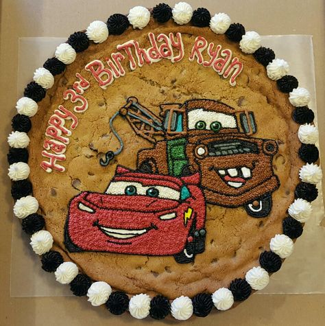 Lightning McQueen and Mater cookie cake. Car Cookie Cake, Mcqueen Cookies Birthday, Cars Cookie Cake, Disney Cars Theme Cookies, Lightning Mcqueen Cookie Cake, Small Lightning Mcqueen Cake, Lightning Mcqueen And Mater, Mater Cake, Mcqueen And Mater