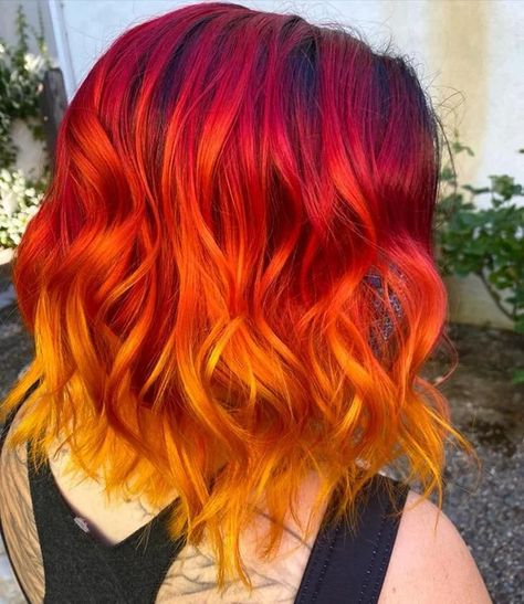 Yellow Red And Orange Hair, Red Hair With Yellow Tips, Fire Dyed Hair Short, Flame Dyed Hair, Red To Orange Ombre Hair Short, Red Hair With Orange Tips, Sunset Hair Color Ombre Fire, Sunset Hair Color Ombre Short, Red And Orange Balayage