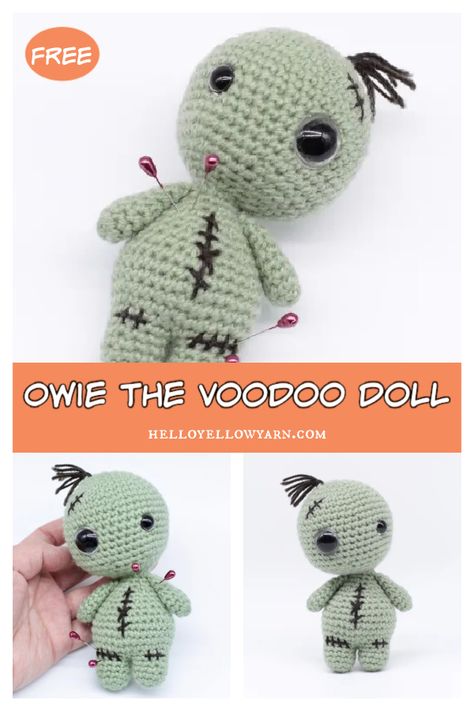 Owie the Voodoo Doll Amigurumi Free Crochet Pattern Crochet Voodoo Doll Pattern Free, Crochet Voodoo Doll, Crochet Novelty, Crochet Keychain Patterns, Crochet Voodoo, Crochet Pincushion, Crochet Stuffies, Keychain Patterns, Yarn Ideas