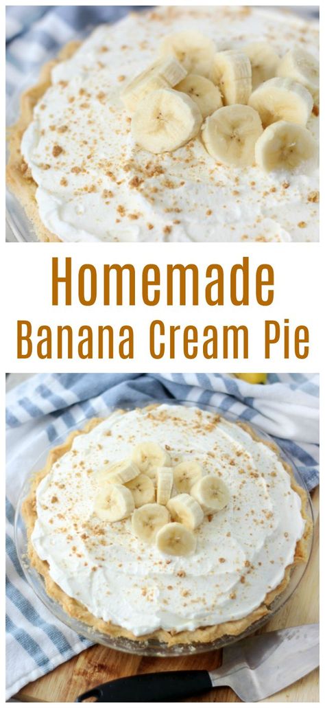 Banana cream pie is a classic dessert. Made with homemade custard and fresh bananas in a pre-baked buttermilk crust. I'll show you how to make banana cream pie the old fashioned way! Banana Pies Recipes, Southern Banana Cream Pie, Old Fashion Banana Cream Pie Recipe, Pie Banana Cream, Banana Cream Pie For Two, Bababa Cream Pie, The Best Banana Cream Pie, Best Banana Pie Recipe, Simple Banana Cream Pie