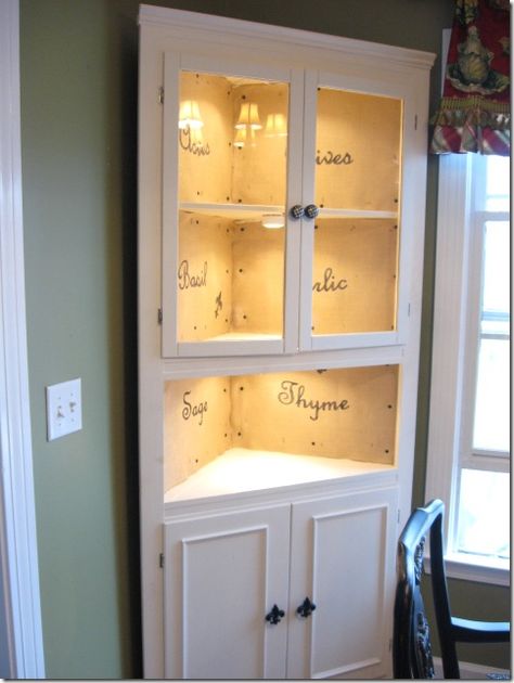 Corner Cabinet Redo Ideas, Tall Corner Cabinet Ideas, Corner Cabinet Decorating Ideas, Repurposed Corner Cabinet, Corner China Cabinet Makeover, Corner Cabinet Decor, Built Ins In Dining Room, Corner Hutch Makeover, Corner Cabinet Makeover