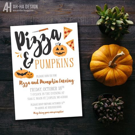 Pizza And Pumpkins Carving Party Printable 5 x 7 Invitation | Pumpkin Carving Pizza Party Digital Do Pumpkins And Pizza Party, Pizza And Pumpkin Party, Fall Kids Birthday Party Ideas, Pumpkins Carving, Pumpkin Carving Party Invitations, Pumpkin Painting Party, Imprimibles Halloween, Fall Harvest Party, Pumpkin Invitation