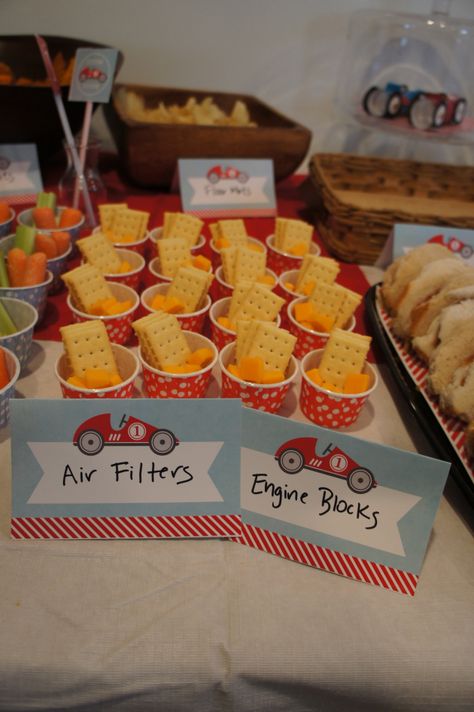 healthy snacks that are car race related - Google Search Race Track Theme Party Food, Race Car Birthday Party Snacks, Vbs Race Car Theme, Car Theme Snacks, Pinewood Derby Snack Ideas, Race Car Snack Ideas, Racecar Birthday Food Ideas, Car Party Snacks, Race Car Party Snacks