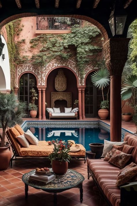 Spanish Tile Courtyard, Spanish Countryside Home, Terracotta Backyard, Terracotta Courtyard, Spanish Style Balcony, Beachy Landscaping, Spanish Style Pool, Spanish Courtyard House, Oaxaca House