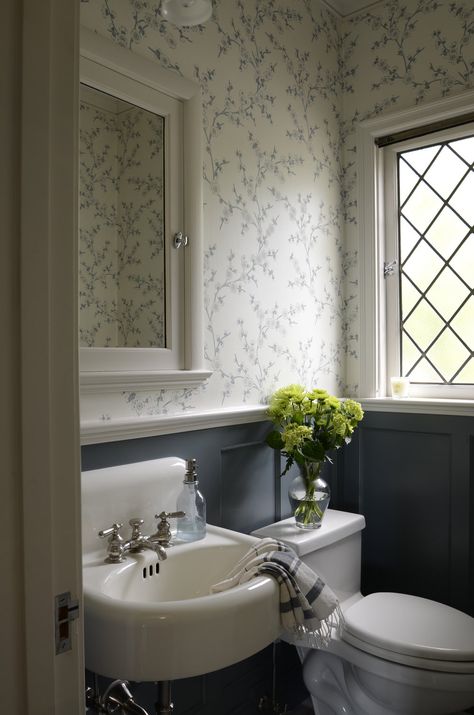 COLONIAL REMODEL – Emerick Architects Wallpaper Powder Room Traditional, Colonial Half Bath, British Powder Room, Colonial Style Bathroom Ideas, Powder Room Paneling And Wallpaper, Small Bathroom Ideas Traditional, Traditional Half Bath, Half Wallpaper Half Paneling, Georgian Bathroom