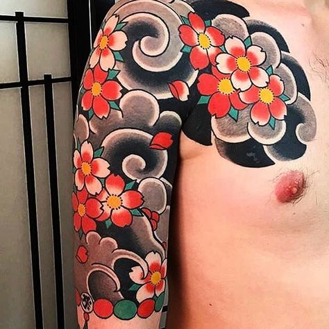 Japanese half-sleeve by @caiopineiro. #japaneseink #japanesetattoo #irezumi #tebori #colortattoo #colorfultattoo #cooltattoo #largetattoo #armtattoo #chesttattoo #tattoosleeve #halfsleeve #halfsleevetattoo #flowertattoo #cherryblossomtattoo #blackwork #blackink #blacktattoo #wavetattoo #naturetattoo White Rose Tattoos, Japanese Flower Tattoo, Dragon Sleeve, Flower Tattoo Meanings, Yakuza Tattoo, Irezumi Tattoos, Traditional Japanese Tattoos, Birth Flower Tattoos, Body Suit Tattoo