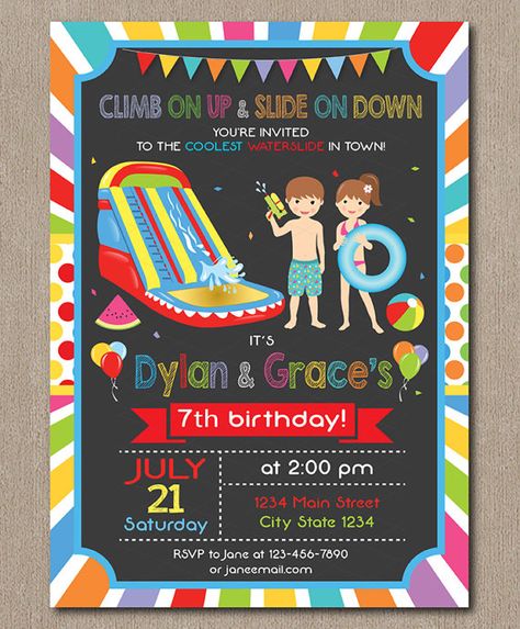 Water Slide Birthday Invitation Water slide Invite Pool Water Slide Birthday Party Ideas, Water Themed Birthday Party, Water Party Invitations, Water Slide Party, Water Birthday Parties, Combined Birthday Parties, Water Birthday, Blox Fruit, Paw Patrol Birthday Invitations