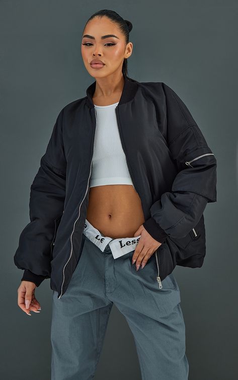 Black Pocket Detail Oversized Bomber Jacket Satin Jackets, Fresh Kicks, Fit Ideas, Oversized Jacket, Casual Clothes, Bomber Jackets, Fall Jackets, White Crop, Women's Coats & Jackets