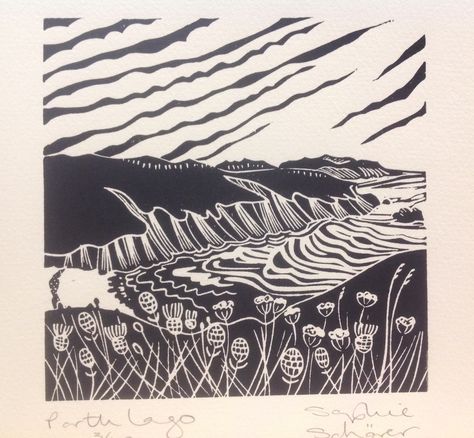 Porth Iago, a Lino sketch from the cliff tops above, a beautiful beach with the low evening light catching the waves. Beach Lino Print, Lino Print Landscape, Beach Linocut, Linocut Landscape, Lino Print Artists, Eclectic Prints, Woodcut Art, Lino Cuts, Lino Printing