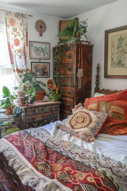 Dishfunctional Designs: How To Design A Boho Bedroom Using Thrifted Elements & Vintage Decor Bedroom For Men Ideas, Wfh Bedroom, Thrifted Bedroom, Mcm Cottage, Jungle Boho, Thrifted Furniture, Hippie Bedroom Decor, Boho Bedroom Diy, Vintage Apartment