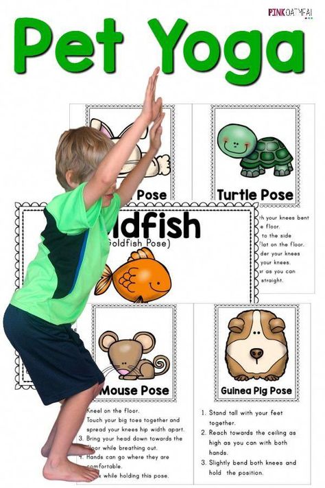 Pets Kindergarten, Preschool Pets, Pet Study, Preschool Yoga, Pet Theme, Pets Preschool Theme, Kids Yoga Poses, Yoga Cards, Gross Motor Activities