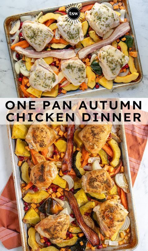 Days are getting shorter, nights are getting colder, dinners need to get easier! Ready in under an hour this One Pan Fall Harvest Chicken Dinner can be your new favorite autumn meal! A sheet pan filled with fresh seasonal produce and chicken thighs seasoned with rosemary and sage makes a fragrant and delightful fall dinner! Chicken And Acorn Squash Sheet Pan Dinner, Seasonal Meals Fall, Fall Dinners With Chicken, Fall Sheet Pan Dinners Chicken, Fall Produce In Season, Chicken And Sweet Potato Sheet Pan, Seasonal Eating Fall, Fall Recipes Dinner Healthy, Fall Chicken Dinner Recipes