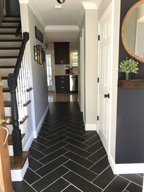 Herringbone Hallway, Hallway Tiles Floor, Foyer Flooring, Tiled Hallway, Entrance Way, Log Home Decorating, Hallway Flooring, Black Tile, Hallway Designs