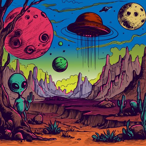 Trippy and psychedelic artwork of desert landscape from area 51. Surreal illustration of an alien and UFO invasion with cactuses, mountains and planets Alien Planet Illustration, Trippy Space Art, Trippy Cactus, Scifi Landscape, Ufo Illustration, Trippy Landscape, Area 51 Aliens, Surreal Illustration, Alien Ship