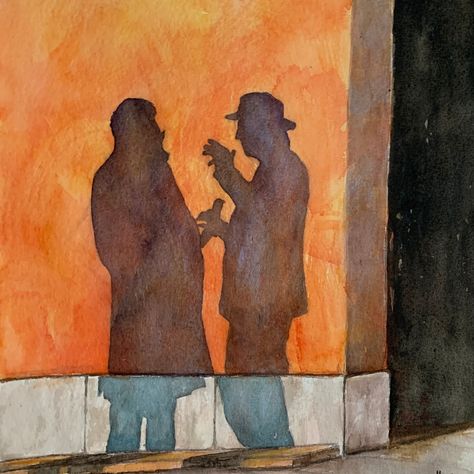 Abstract Paintings Of People, Light In Painting, Couple Shadow Painting, Painting Shadows And Light, Shadow Painting Silhouettes, Shadow Drawing Reference, Shadow Painting Ideas, Dark Watercolor Paintings, Shadow Art Painting